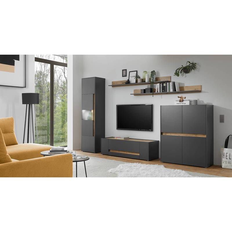 home24 Wohnwand VI 5-teilig Spanplatte, beschichtet Grau/Anthrazit 350 x 197 x 45cm von home24