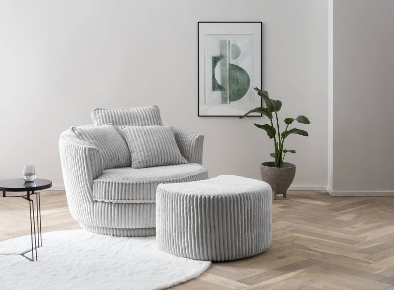 home24 XL Drehsessel Pooi Grau/Silber Cord mit Hocker 120 x 85 x 120cm von home24