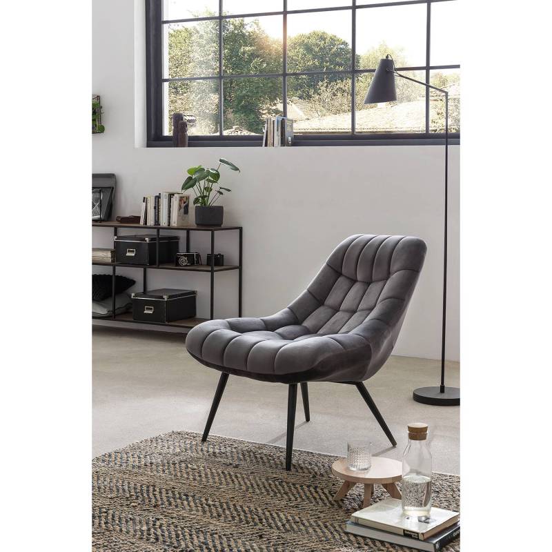 home24 XXL Sessel Obelix Grau/Dunkelgrau Samt Schwarz 76 x 86 x 86cm von home24