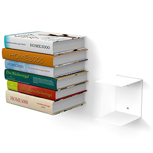 home3000 1 GROßES weisses unsichtbares Bücherregal mit 2 Fächern für große Bücher bis 30cm Tiefe und für 50cm hohen Bücherstapel von home3000