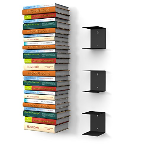home3000 3 Schwarze unsichtbare Bücherregale mit 6 Fächern für große Bücher bis 30cm Tiefe und für 150cm hohen Bücherstapel von home3000