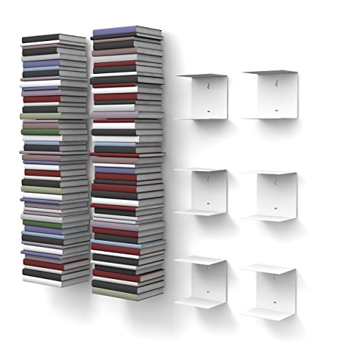 home3000 6 weiße unsichtbare Bücherregale mit 12 Fächern bis zu 300 cm hohen Bücherstapel für Bücher bis zu 22 cm Tiefe. von home3000