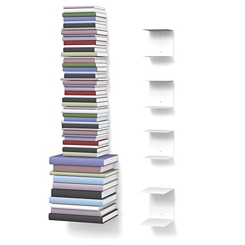 home3000 Unsichtbares Bücherregal 3-1-Set variabel mit 8 Fächern für kleine und große Bücher in weiß und für ca. 180 cm hohen Bücherstapel von home3000