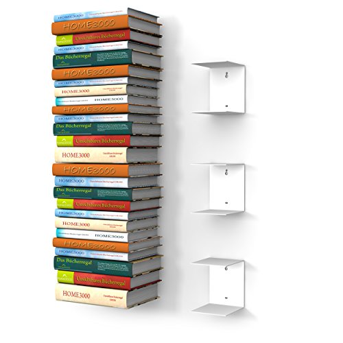 home3000 3 Weisse unsichtbare Bücherregale mit 6 Fächern für große Bücher bis 30cm Tiefe und für 150cm hohen Bücherstapel von home3000