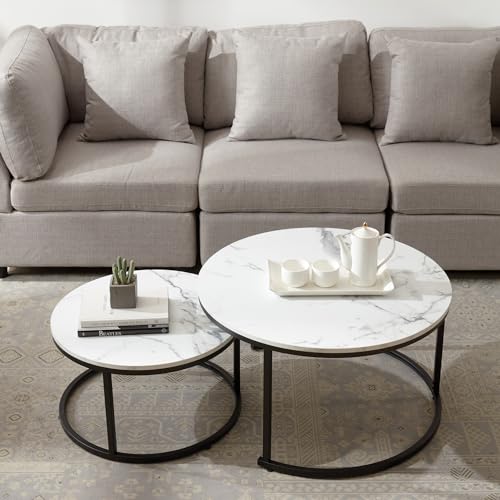 homeguru Satztisch Set mit 2 runden Beistelltischen 2-in-1 Kombination, Couchtisch Weiss Deko Wohnzimmer Modern, Kaffeetisch aus Holz Kleiner Couchtisch 2er Set Weiß Größe 80X 80CM, 60X 60CM von homeguru