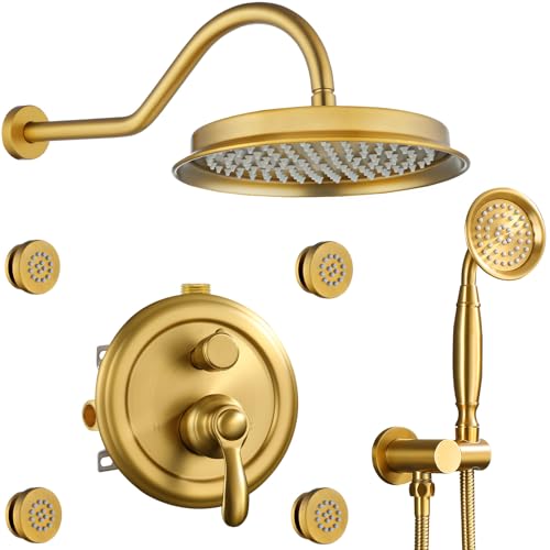 Homekicen Brushed-Gold Antik-Duschsystem mit Düsen: 9 Zoll Regenwasserhahn-Sets Kompletter Wand-Regenkopf und Handbrause Combo, 3-Wege-Umsteller, Messing, rau im Ventilzierteil-Kit Homekicen Brushed-Gold Antik-Duschsystem mit Düsen: 9 Zoll Regenwasserhahn-Sets Kompletter Wand-Regenkopf und Handbrause Combo, 3-Wege-Umsteller, Messing, rau im Ventilzierteil-Kit von homekicen