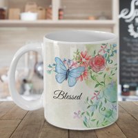 Gesegnete Schmetterling Becher, Segen Blauer Und Blumen Kaffee, Tee-Becher-Geschenk-Idee von homekraze