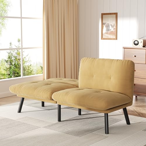 homeokay Futon Schlafsofa mit Verstellbarer Rückenlehne, Dickes Kissen, Samtstoff, für Abteilung, Wohnzimmer, Lounge, Sofa, Loveseat (Hellbraun) von homeokay