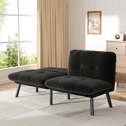homeokay Futon-Sofa, Schlafcouch, Bett mit Verstellbarer Rückenlehne, Dickes Kissen, Samtstoff, für Abteilung, Wohnzimmer, Lounge, Sofa, Zweisitzer (Schwarz) von homeokay