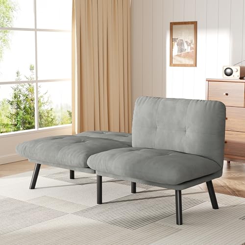 homeokay Futon-Sofa, Schlafcouch, Bett mit Verstellbarer Rückenlehne, Dickes Kissen, Samtstoff, für Abteilung, Wohnzimmer, Lounge, Sofa, Zweisitzer (grau) von homeokay