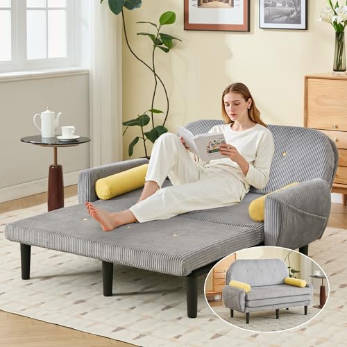 homeokay Umwandelbares Queen-Size-Schlafsofa, Couch, mit ausziehbarer Funktion, 5 verstellbare Rückenlehnenpositionen, abnehmbare Armlehnen, Ottomane und Stauraum für Wohnzimmer (Grau) von homeokay