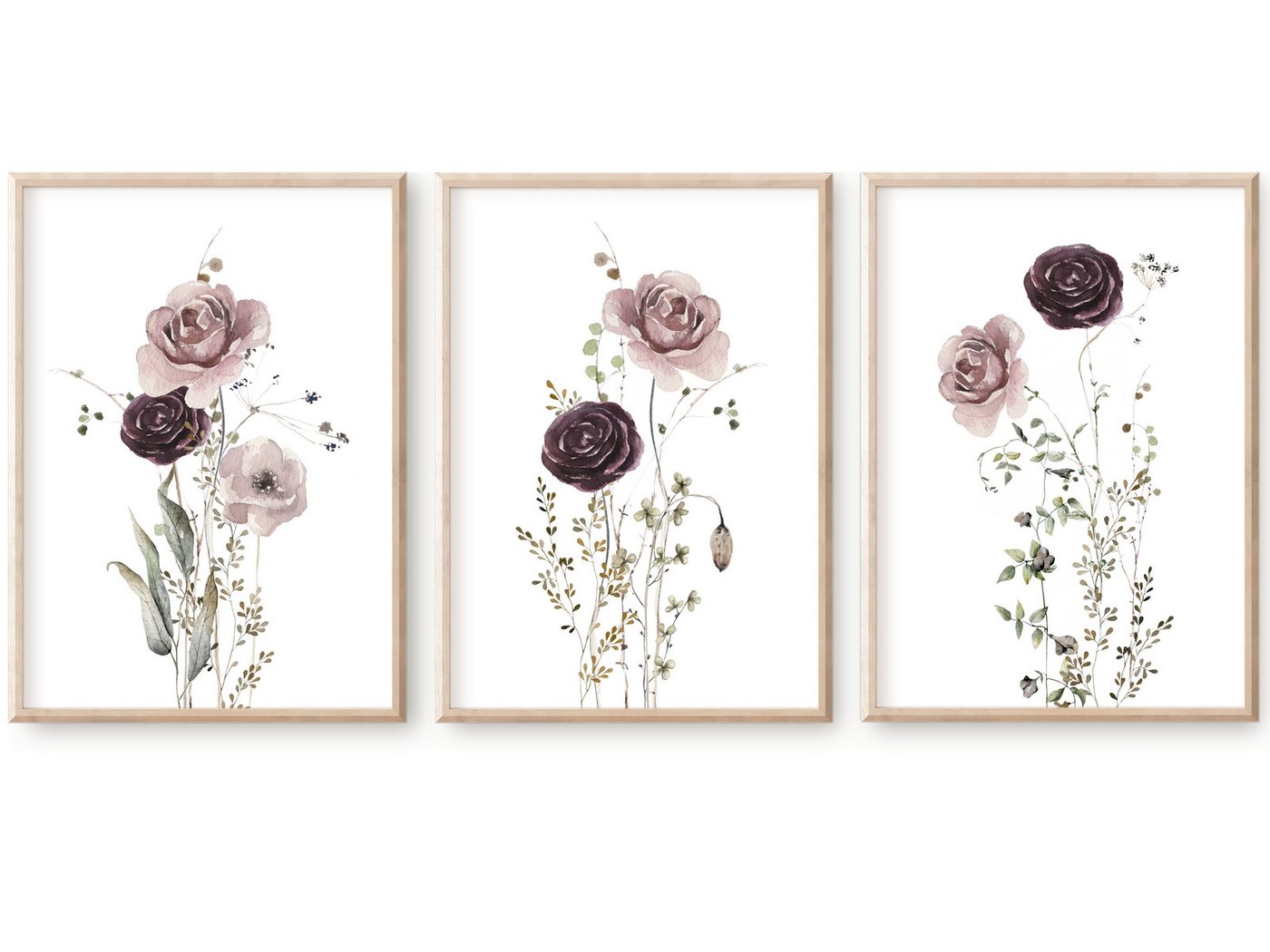 homestyle-accessoires Poster Bilder Wandbilder AQUARELLE WIESENBLUMEN ROSEN 3er SET, Ohne Bilderrahmen von homestyle-accessoires