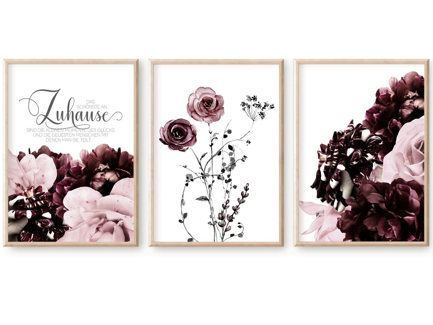 homestyle-accessoires Poster Bilderset DAS SCHÖNSTE AN ZUHAUSE SIND DIE KLEINEN MOMENTE... burgund rosa Blumen 3er SET DIN A4 ODER DIN A3 Prints --- VERSANDKOSTENFREI ---, Ohne Bilderrahmen von homestyle-accessoires