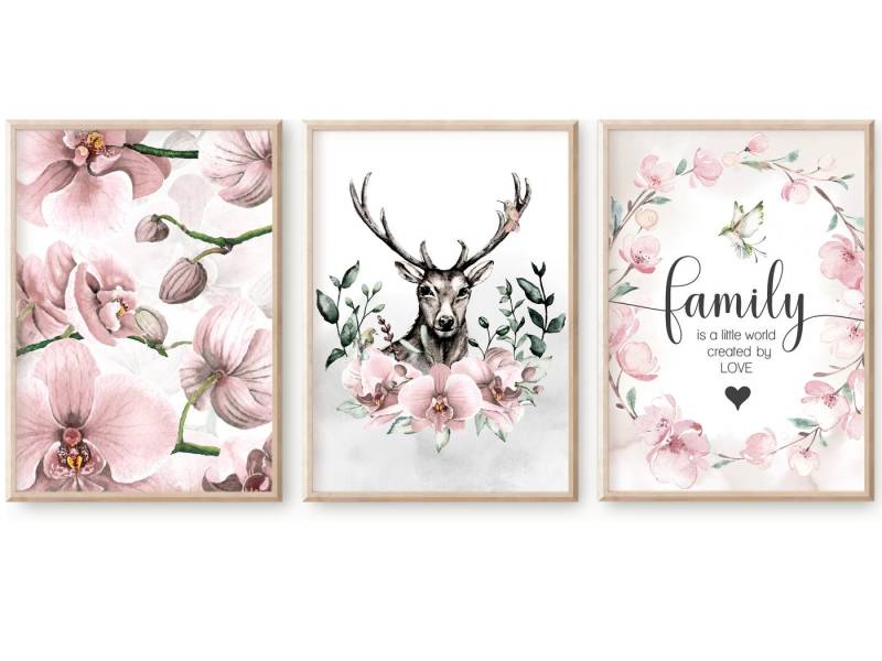 homestyle-accessoires Poster Bilderset Wandbilder FAMILY IS A LITTLE WORLD ORCHIDEEN 3er SET, - Ohne Bilderrahmen - Sorgfältige & sichere Verpackung von homestyle-accessoires
