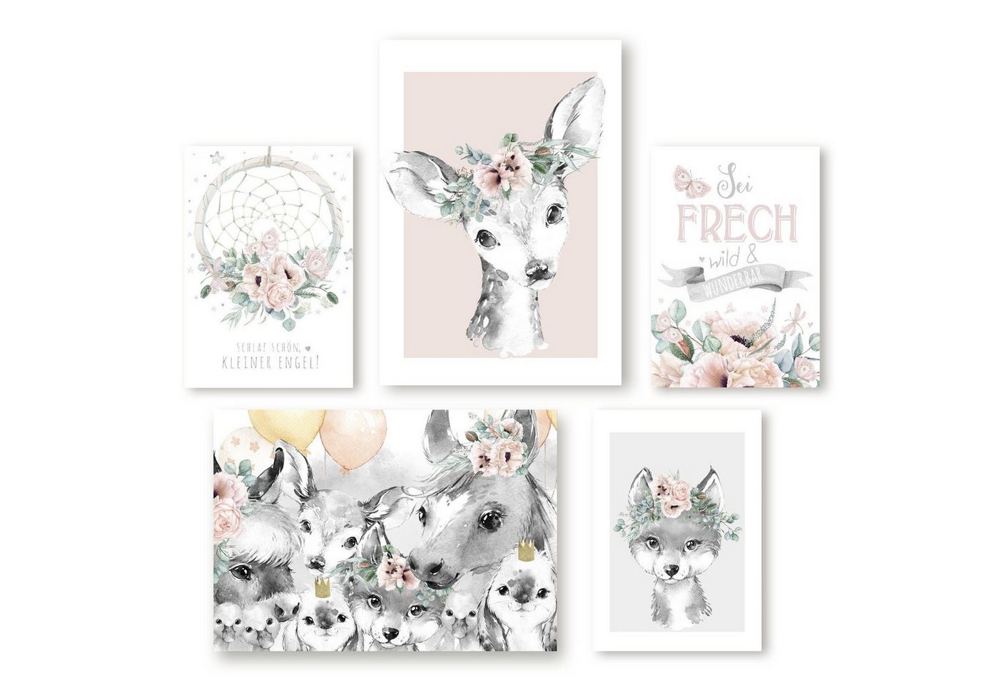 homestyle-accessoires Poster Bilderset FARMTIERE - SCHLAF SCHÖN KLEINER ENGEL BAMBI PFERD HASE DIN A3/A4 Prints --- VERSANDKOSTENFREI ---, (5 St), Ohne Bilderrahmen von homestyle-accessoires