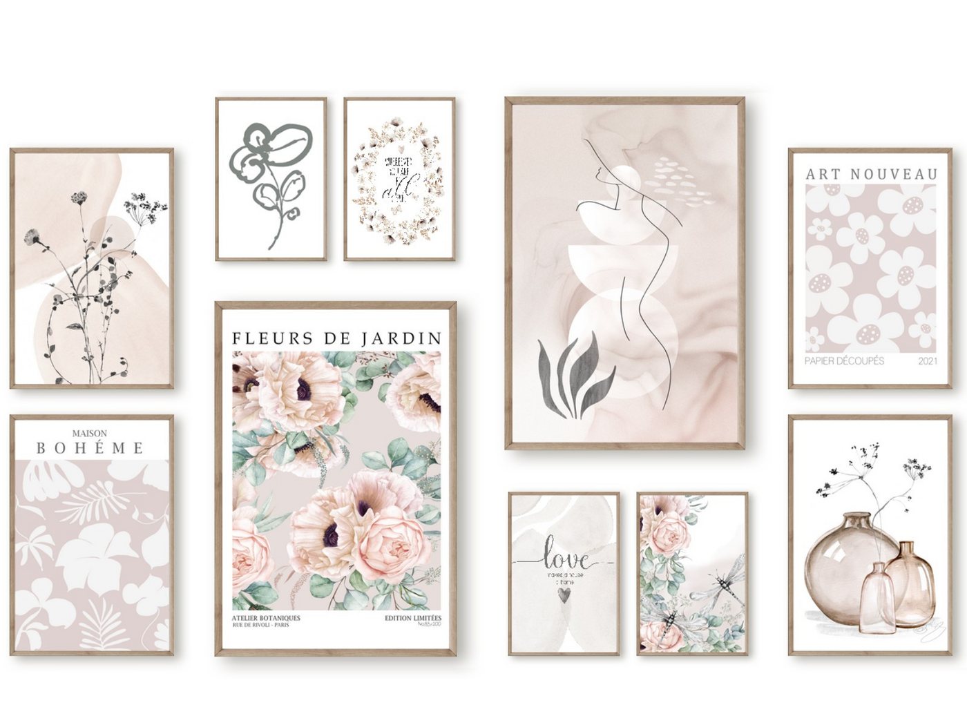 homestyle-accessoires Poster Bilder Wandbilder Bilderwand Set FLEURS DE JARDIN MODERNE KUNST, (10 St), Wandbilder - Ohne Bilderrahmen - Sorgfältige & sichere Verpackung von homestyle-accessoires