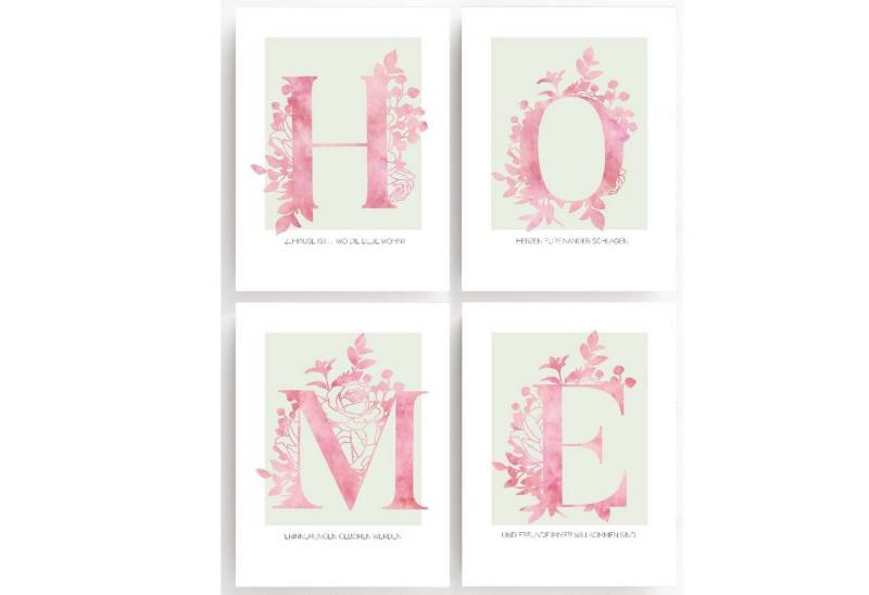 homestyle-accessoires Poster Bilderset HOME - ZUHAUSE IST WO DIE LIEBE WOHNT 4er SET DIN A4 ODER DIN A3 Prints --- VERSANDKOSTENFREI ---, Ohne Bilderrahmen von homestyle-accessoires