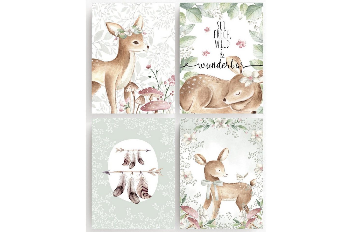 homestyle-accessoires Poster Bilderset Kinderbilder BAMBI REH SEI FRECH, WILD & WUNDERBAR 4er SET DIN A4 ODER DIN A3 Prints --- VERSANDKOSTENFREI ---, Ohne Bilderrahmen von homestyle-accessoires