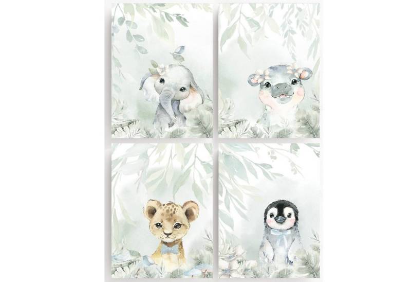 homestyle-accessoires Poster Bilderset Kinderbilder Babyzimmer WILDTIERE pastell 4er SET DIN A4 ODER DIN A3 Prints --- VERSANDKOSTENFREI ---, Ohne Bilderrahmen von homestyle-accessoires