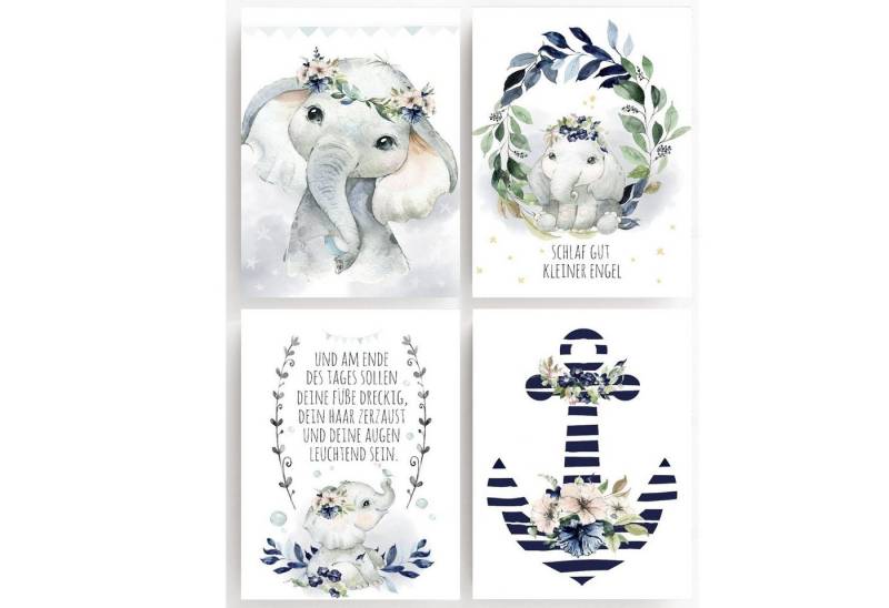 homestyle-accessoires Poster Bilderset Kinderbilder SCHLAF GUT KLEINER ENGEL ELEFANT4er SET DIN A4 ODER DIN A3 Prints --- VERSANDKOSTENFREI ---, Ohne Bilderrahmen von homestyle-accessoires