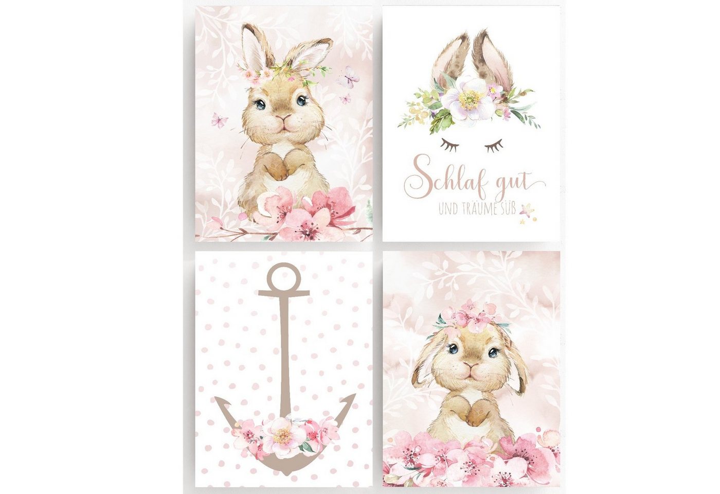 homestyle-accessoires Poster Bilderset Kinderbilder SCHLAF GUT UND TRÄUME SÜSS HASE BUNNIES 4er SET DIN A4 ODER DIN A3 Prints --- VERSANDKOSTENFREI ---, Ohne Bilderrahmen von homestyle-accessoires