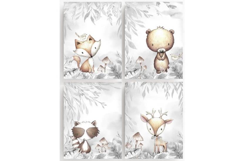 homestyle-accessoires Poster Bilderset Kinderbilder WALDTIERE BÄR REH FUCHS DACHS 4er SET DIN A4 ODER DIN A3 Prints --- VERSANDKOSTENFREI ---, Ohne Bilderrahmen von homestyle-accessoires