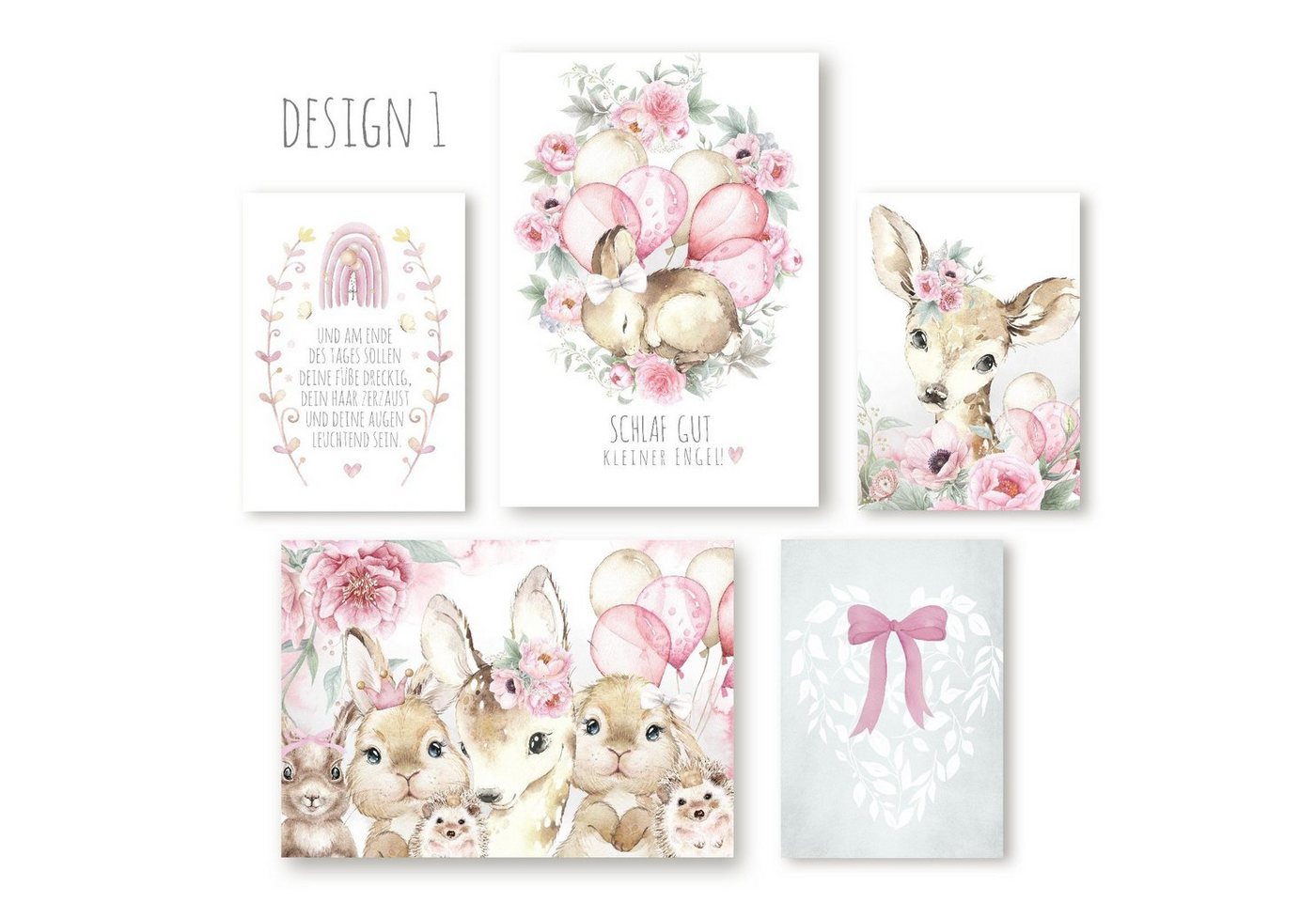 homestyle-accessoires Poster Bilderset SCHLAF GUT KLEINER ENGEL - HASE BAMBI IGEL Kinderbilder, Ohne Bilderrahmen von homestyle-accessoires