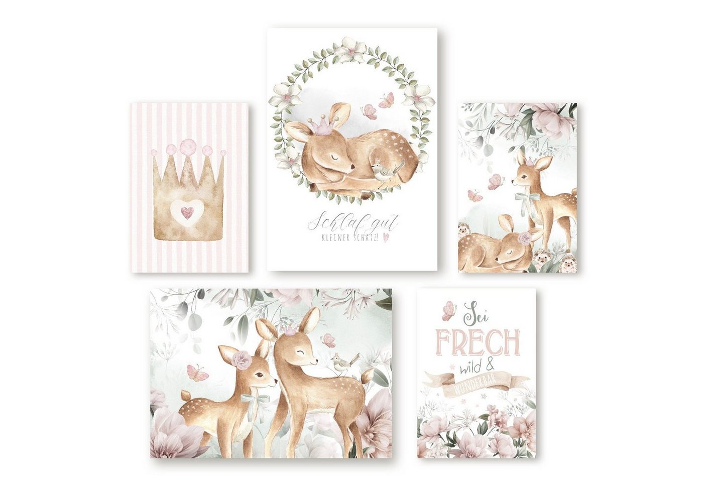 homestyle-accessoires Poster Bilderset SCHLAF GUT KLEINER SCHATZ - BAMBI Kinderbilder Nursery, (5 St), Ohne Bilderrahmen von homestyle-accessoires