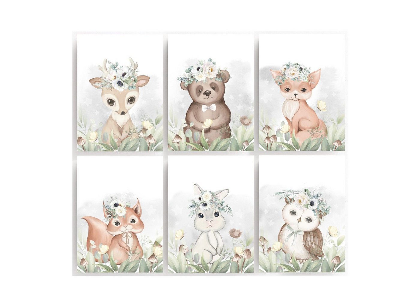 homestyle-accessoires Poster Bilderset WALDTIERE - BÄR FUCHS EULE HASE EICHHÖRNCHEN BAMBI Kinderbilder Nursery 6er SET DIN A4 ODER DIN A3 Prints ---VERSANDKOSTENFREI---, Ohne Bilderrahmen von homestyle-accessoires