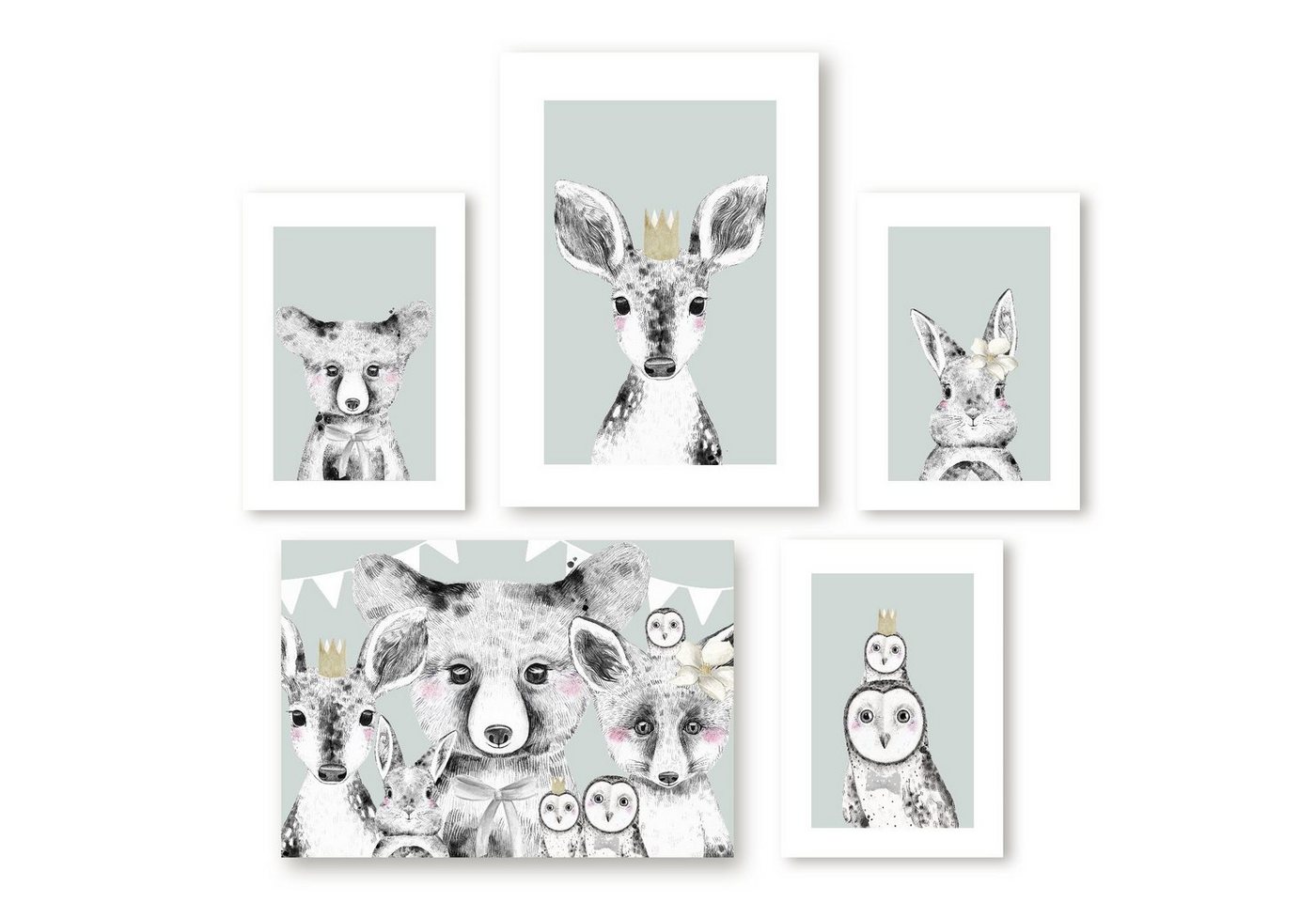 homestyle-accessoires Poster Bilderset WALDTIERE - BAMBI BÄR FUCHS HASE EULE Kinderbilder Nursery DIN A3/A4 Prints --- VERSANDKOSTENFREI ---, (5 St), Ohne Bilderrahmen von homestyle-accessoires