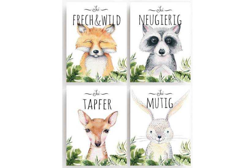 homestyle-accessoires Poster Bilderset WALDTIERE - FUCHS WASCHBÄR HASE REH 4er SET Kinder, Ohne Bilderrahmen von homestyle-accessoires