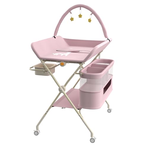 homewell Baby Wickelkommode Klappbarm, Tragbare Wickelunterlage, Baby Wickelkombi, 5 Stufen verstellbare Höhen, mit Sicherheitsgurt & Waschbecken & Spielzeugregal (Rosa) von homewell