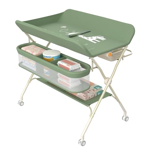 homewell Baby Wickelkommode Klappbarm, Tragbare Wickelunterlage, Baby Wickelkombi mit Rollen, 5 Stufen verstellbare Höhen, mit Sicherheitsgurt & Ablagefächern & Waschbecken (Grün) von homewell