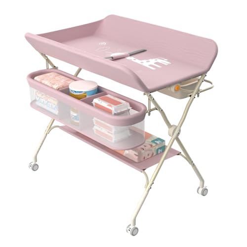 homewell Baby Wickelkommode Klappbarm, Tragbare Wickelunterlage, Baby Wickelkombi mit Rollen, 5 Stufen verstellbare Höhen, mit Sicherheitsgurt & Ablagefächern & Waschbecken (Rosa) von homewell