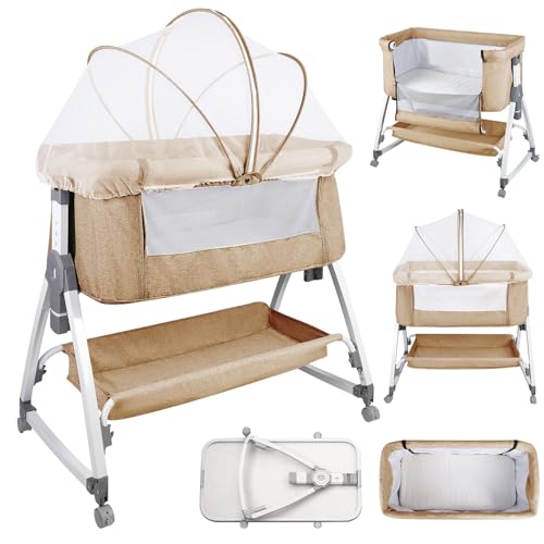 homewell Beistellbett Baby,Bett Bassinet/Babybett/Babywiege, Zustellbett 6 Fach Höhenverstellung und Neigungsverstellung, Faltbare Seitenwand für Zuhause und Unterwegs (Cremefarben) von homewell
