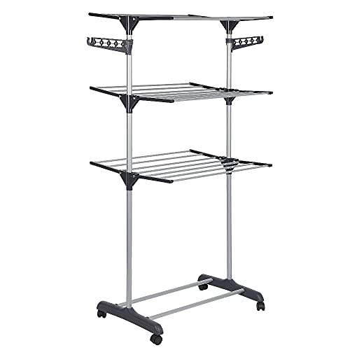 homewell Beweglich Wäscheständer Turm 3 Ebenen mit 2 klappbarer Seitenflügel Klappbar Wäschetrockner (Grau) von homewell