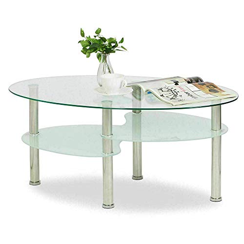 homewell Couchtisch oval aus Hartglas, Wohnzimmermöbel mit 3 Ebenen mit Metallrahmen, Tisch für Wohnzimmer, Schlafzimmer und Büro (transparent + schwarz) von homewell