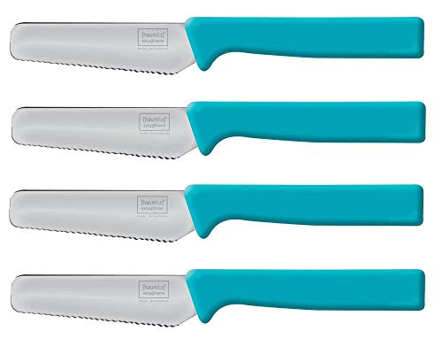 homiez 4 Stück Frühstücksmesser KNIFE blau, Brötchenmesser, Tafelmesser, Brotzeitmesser, Wellenschliff, Soft-Griff von homiez