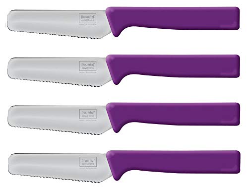 homiez 4 Stück Frühstücksmesser KNIFE lila, Brötchenmesser, Tafelmesser, Brotzeitmesser, Wellenschliff, Soft-Griff von homiez
