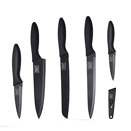 homiez 5-teiliges Messerset ColourCut mit Klingenschutz, Schäl-, Allzweck-, Schinken-, Brot- und Kochmesser, in schwarz von homiez