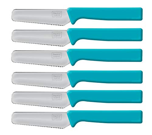 homiez 6 Stück Frühstücksmesser KNIFE blau, Brötchenmesser, Tafelmesser, Brotzeitmesser, Wellenschliff, Soft-Griff von homiez