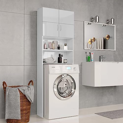 homiuse Badschrank Waschmaschinenschrank Waschmaschinenüberbauschrank Waschküche Möbel mit 2 Türen / 2 Offenen Fächern Hochglanz-Weiß 64x25,5x190 cm Platzsparendes Modisches Design Langlebig von homiuse