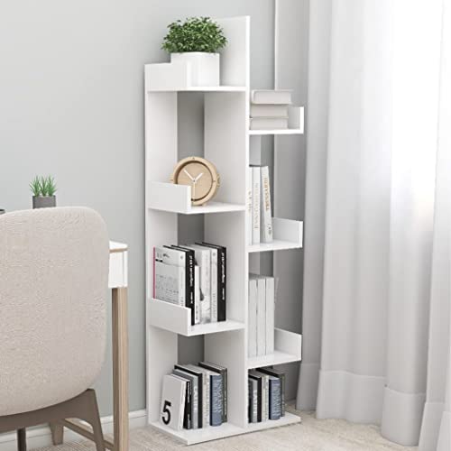 homiuse Bücherregal Baumförmige 8 Fächer Bücherregal Regal Wand Regal Schmal Standregal BüCherregal Holz Buchregal WüRfelregal 48x25,5x140 cm Weiß BüCherschrank Holzwerkstoff von homiuse