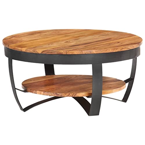 homiuse Couchtisch 65x65x32 cm Massivholz Akazie Tisch Wohnzimmer Rund Nachttische Ablagetisch Beistelltisch oder Endtische mit Einem Regal für Schlafzimmer Oder Balkon Industrial Style Braun von homiuse
