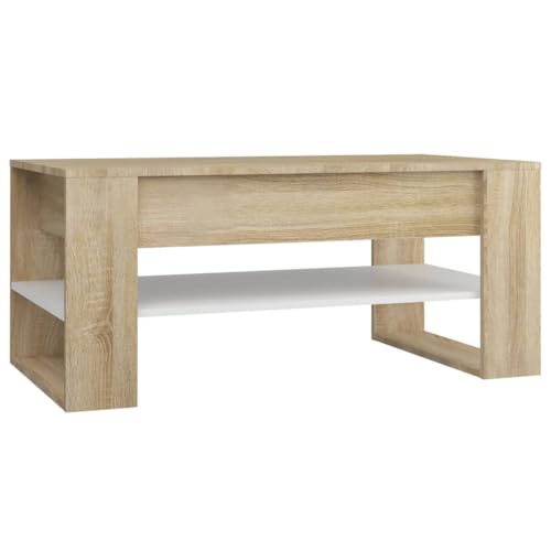 homiuse Couchtisch Esstisch Beistelltisch Wohnzimmermöbel Inneneinrichtung Modernes Design Weiß und Sonoma-Eiche 102x55x45 cm von homiuse