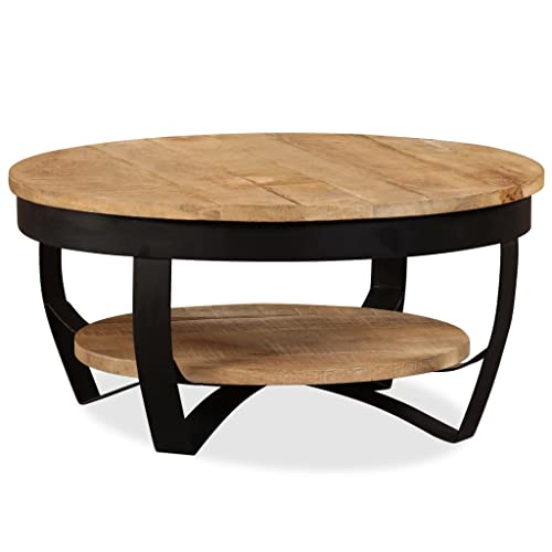 homiuse Couchtisch Raues Mangoholz Massiv 65x32 cm Tisch Wohnzimmer Rund Nachttische Ablagetisch Beistelltisch oder Endtische mit Einem Regal für Schlafzimmer Oder Balkon Industrial Style Hellbraun von homiuse