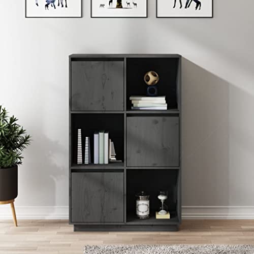 homiuse Highboard Grau 74x35x117 cm Massivholz Kiefer Wohnzimmerschrank Vitrinenschrank Vorratsschrank Haushaltsschrank mit 3 Türen und 3 Fächern Dekoratives Esszimmer Wohnzimmer Praktischen Design von homiuse