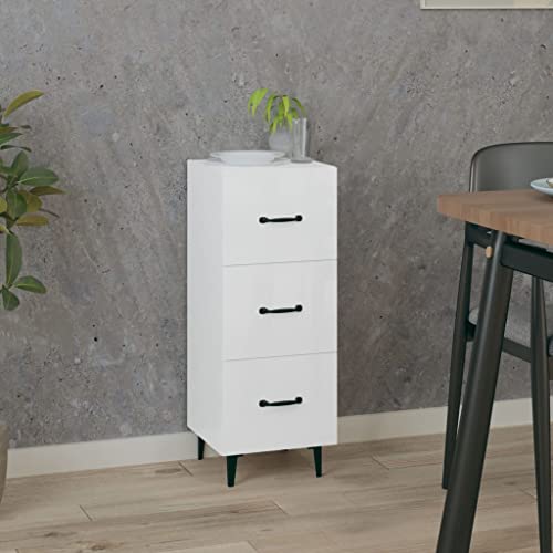 homiuse Sideboard kommode mit schubladen Hochglanz-Weiß kommode 34,5x34x90 cm Eisengriff 3 Türen komodenschrank Sideboard wohnzimm schmale kommode Holzwerkstoff Badkommode von homiuse