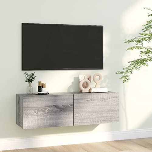 homiuse TV-Wandschrank Grau Sonoma 100x30x30 cm Holz HäNgende TV-Schrank HäNgeschrank Wohnzimmer MöBel Tv Lowboard HäNgend Fernsehtisch Fernsehschrank BüCherregal Schrank 2 Fächer mit Klapptüren von homiuse