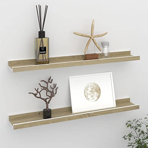 homiuse Wandregal 2 STK. Weiß und Sonoma-Eiche Wandregal Holz Wand BüCherregal Wandregal KüChe KüChenregal Wand Regale FüR WäNde Wandregal Kinderzimmer Wandboard Wall Shelf Bookshelf 60x9x3 cm von homiuse